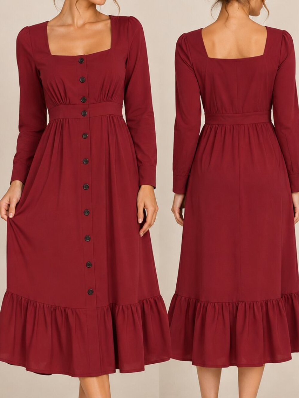 RIHOAS Burgundy Wine Red Square Neck Button Front Midi Dress S NWT Wedding party